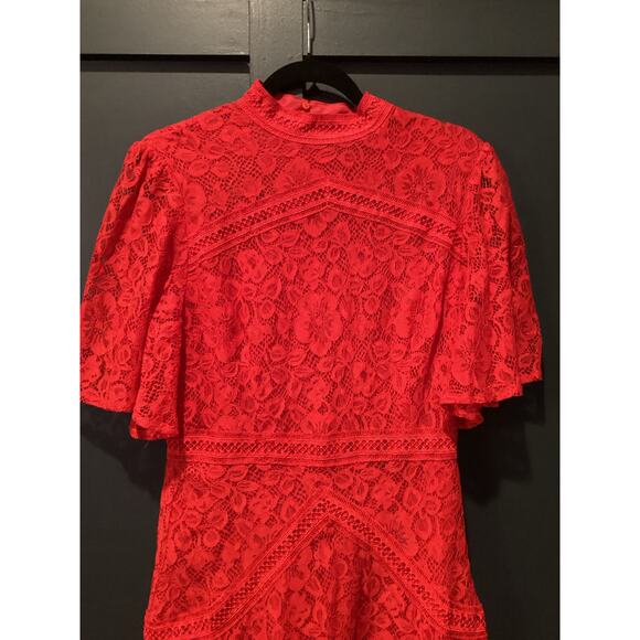 Strut & Bolt floral Lace Lined Mock Neck Short Sleeve flare Mini Dress Red Large - Picture 3 of 11